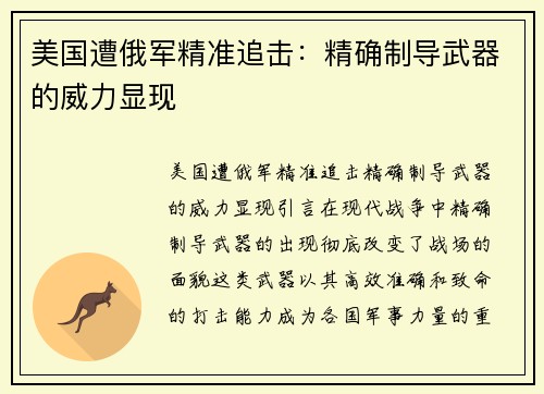 美国遭俄军精准追击：精确制导武器的威力显现