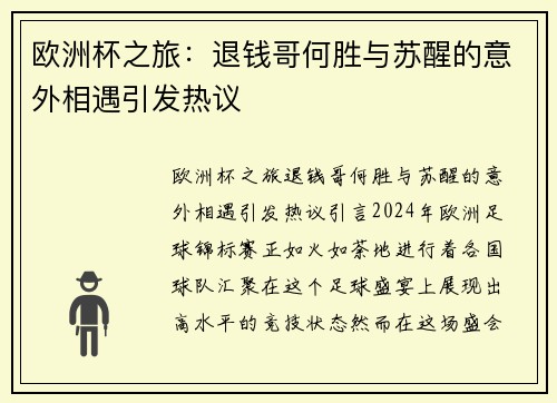 欧洲杯之旅：退钱哥何胜与苏醒的意外相遇引发热议