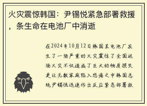 火灾震惊韩国：尹锡悦紧急部署救援，条生命在电池厂中消逝
