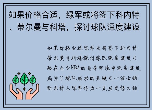 如果价格合适，绿军或将签下科内特、蒂尔曼与科塔，探讨球队深度建设之路