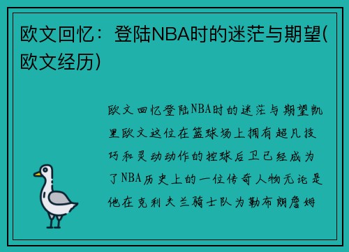 欧文回忆：登陆NBA时的迷茫与期望(欧文经历)