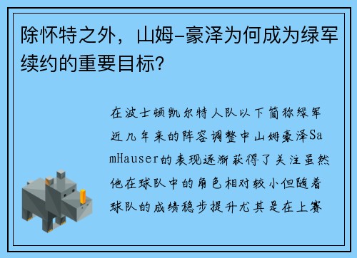 除怀特之外，山姆-豪泽为何成为绿军续约的重要目标？