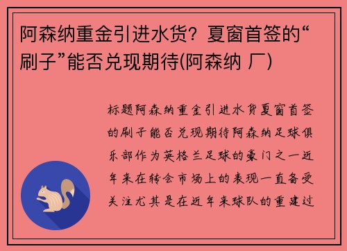 阿森纳重金引进水货？夏窗首签的“刷子”能否兑现期待(阿森纳 厂)