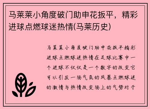 马莱莱小角度破门助申花扳平，精彩进球点燃球迷热情(马莱历史)