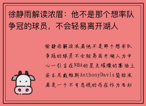 徐静雨解读浓眉：他不是那个想率队争冠的球员，不会轻易离开湖人