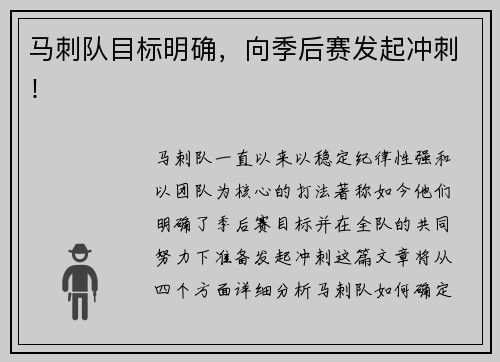 马刺队目标明确，向季后赛发起冲刺！