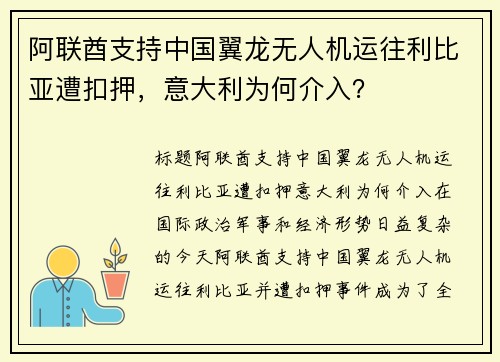 阿联酋支持中国翼龙无人机运往利比亚遭扣押，意大利为何介入？
